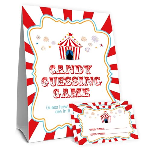 Carnival Guess How Many Baby Shower Game, Circus Theme Party Decorations, Carnival Birthday Party Decorations, Guess How Many Candies, Birthday Party Game & Activities 50 Cards and Sign - size: circus
