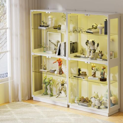 Display Cabinet with Glass Doors 4 Tier Glass Display Case with RGB LED Lights Display Cases for Collectibles Adjustable Shelves Display Case, for Game Room, Living Room, Bedroom, White - color: White