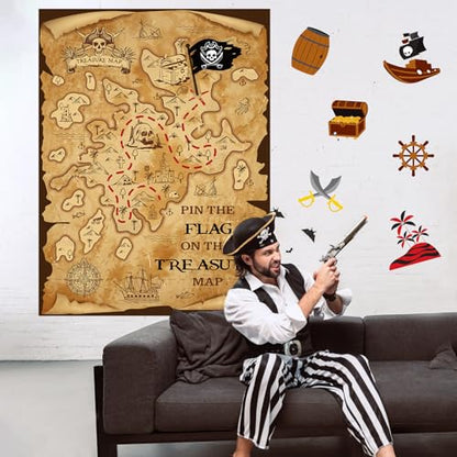 Faccito Pirate Treasure Map Party Games Pin The Flag on The Treasure Map Adventure Pin Game Set Include Poster 24 Flag Stickers Blindfold for Pirate Birthday Party Decorations Activities Supplies - style: Pirate Map