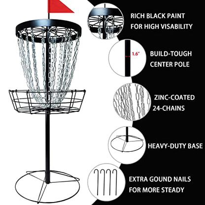 Disc Golf Basket - Portable Disc Golf Target with Heavy Duty 24-Chains Come with 6pcs Disc Golf Discs and Carry Bag, Ground Stake -Suitable for Players of All Levels - Multi Color Available - style: Plus-Black- 6 PCS