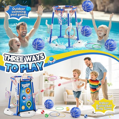 3 in 1 Pool Basketball Hoop & Ring Toss Game for Kids 4-8 8-12 - Floating Pool Toys Set with 4 Basketballs, 12 Rings, 2 Target Boards, 12 Bean Bags, Pump - Backyard Swimming Pool Summer Birthday Gift - color: blue