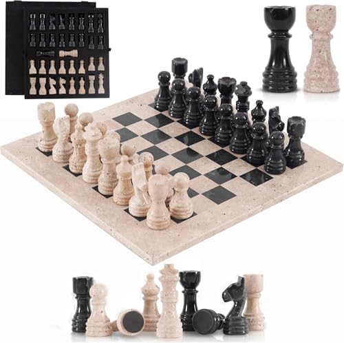 Marble Chess Set for Adults 12 Inch Handmade Travertine and Black Chess Board Games with Storage Box, Travel Chess Game with 32 Chess Pieces & 2 Extra Queens, Gifts & Home Décor - color: Travertine and Black