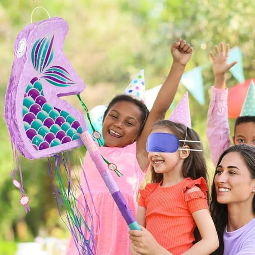 WERNNSAI Foldable Mermaid Piñata - Pull String Mermaid Birthday Party Supplies Mermaid with Blindfold Bat and Tassels Mermaid Party Decoration Games Folding Purple Mermaid Piñatas for Classroom Game - style: Mermaid-Fold