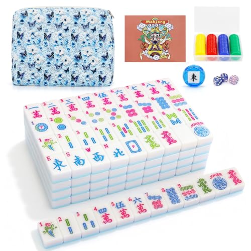 Jolitac American Mahjong Game Set, 166 Premium Tiles, 1.2-inch Mahjong Tile Set with Sturdy Carrying Bag, Thickened Mah-Jongg Tiles Bag Portable Travel Complete Mahjong Set - color: Blue