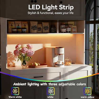 FJTJBSI 72" Kitchen Pantry Cabinet with LED Light and Charging Station Tall Pantry Storage Cabinet with Adjustable Shelves and Door Shelves Modern Kitchen Hutch with Microwave Stand and Countertop - color: White
