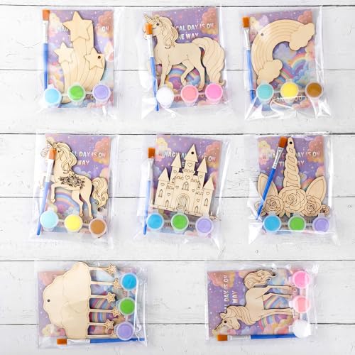 Saypacck 24 Pcs Rainbow Unicorn Party Favors Wooden Painting Craft Kits Birthday Party Supplies with Organza Bag for Goodie Bags Fillers Adult Thank You Gifts - style: Rainbow Unicorn