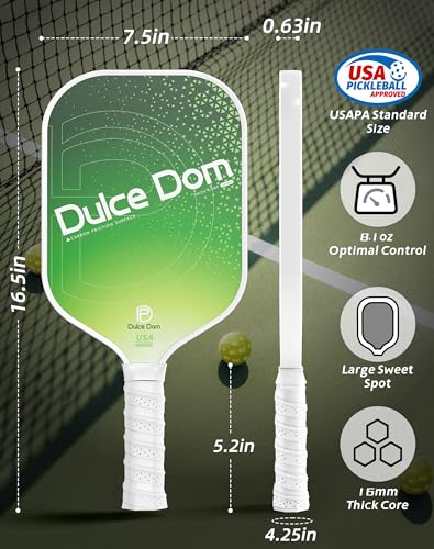 Dulce DOM Pickleball Paddles Set of 2/4 - USAPA Approved, 4 Indoor Outdoor Pickleball Balls, Fiberglass Surface Paddle Racket with Cover Bag, Ideal Training Equipment Gift for Men & Women - color: Green*1