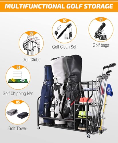 Extra Large Golf Bag Stand Storage Rack Organizer Holder for Garage Shed Basement Golf Club Tee Ball Disc Simulator Accessories Equipment, for Garage,Shed, Basement, Black