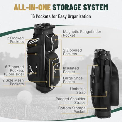 uniHimal Golf Cart Bag with 14-Way Full-Length Dividers, Golf Bag for Men Women with Magnetic Leather Pocket, Handles and Rain Cover, Lightweight Golf Club Bag Includes Cooler Pockets - color: Black