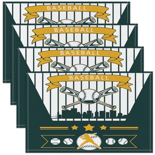 Erosebridal Baseball Table Mats Oakland Place Mats Set of 4,Baseball City Place Mat,Seasonal Color Sport Game Placemats, Wipeable Oil Proof - color: Green Yellow, Oakland