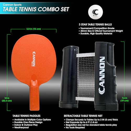 Cannon Sports Table Tennis Set – 4 Unbreakable Paddles, 6 3-Star Balls, Retractable Net & Carry Bag – Clamp-On Portable Ping Pong Net Fits Tables up to 2 Inch Thick, Extends to 6 Feet - color: Orange