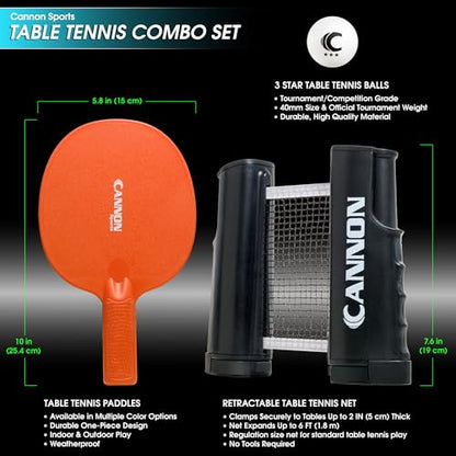 Cannon Sports Table Tennis Set – 4 Unbreakable Paddles, 6 3-Star Balls, Retractable Net & Carry Bag – Clamp-On Portable Ping Pong Net Fits Tables up to 2 Inch Thick, Extends to 6 Feet - color: Orange