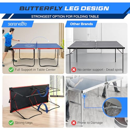 SereneLife Midsize Foldable Ping Pong Table Set with Net, Clipper, Post - 6' x 3' Portable Space-Saving Design, Blue