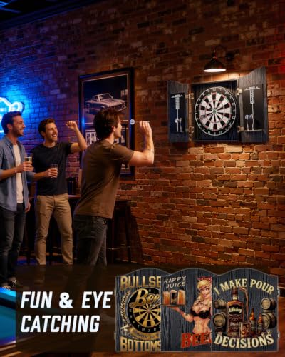 Sisal Dart Board Cabinet Sets, Decorative Dart Boards for Adults [6*Steel Darts] - Wooden Dartboard Cabinet with Integrated Scoreboard for Family Game Rooms - [Bullseye]