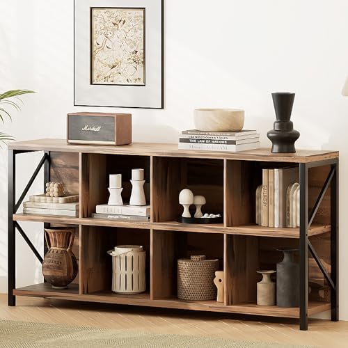 8 Cube Storage Organizer Bookshelf, Industrial Horizontal Bookcase, Accent Cubby Shelf, Media Console Table for Living Room, Home Office, 13.6" D x 63" W x 30.9" H, Light Oak - color: Light Oak, size: 8 Cube- 2 Tier