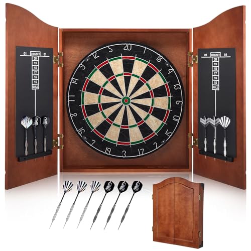 Sisal Dart Board Cabinet Sets, Decorative Dart Boards for Adults [6*Steel Darts] - Wooden Dartboard Cabinet with Integrated Scoreboard for Family Game Rooms - style: APRICOT