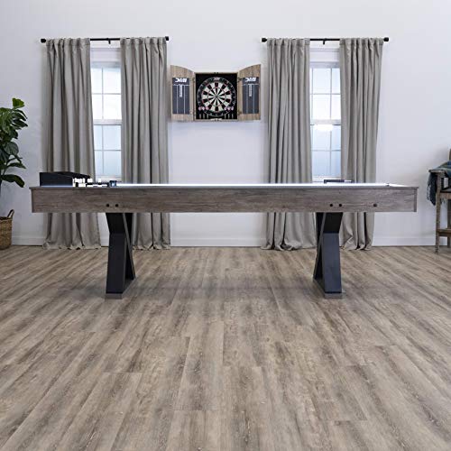 American Legend Kirkwood 9’ Shuffleboard Table with LED Rails, Bowling Game Set, Rustic Wood Finish & Accessories Included