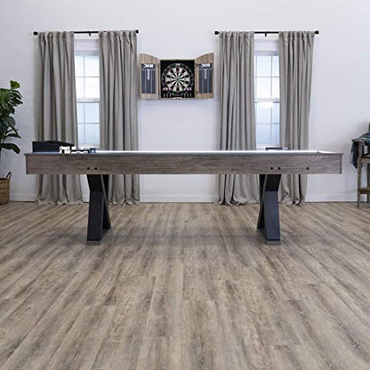 American Legend Kirkwood 9’ Shuffleboard Table with LED Rails, Bowling Game Set, Rustic Wood Finish & Accessories Included