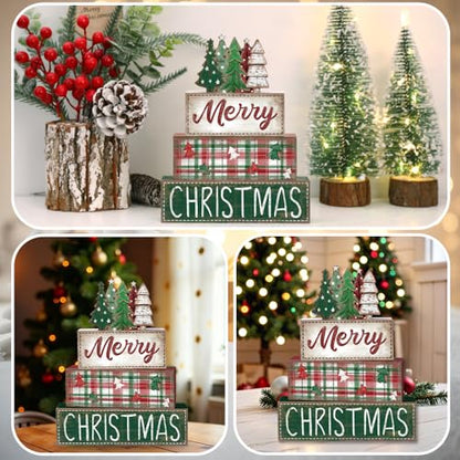 DIYDEC 4Pcs Christmas Table Decoration Green Tree Wooden Block Sign Christmas Tiered Tray Decor Winter Centerpiece Decorative Sign for Xmas Holiday Tabletop Coffee Fireplace Shelf Desk Party Decor - style: Green Tree