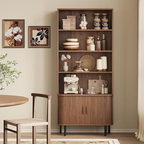 5-Tier Tall Bookshelf with Cabinet, 71" Fluted Bookcase with Sliding Door, Adjustable Display Shelf, Free Standing Cube Storage Organizer, Wood Shelving Unit for Living Room, Home Office, Walnut