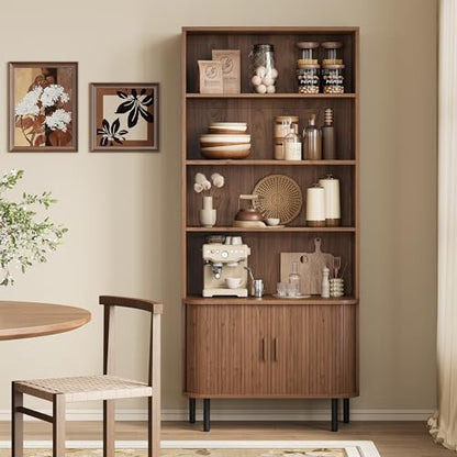 5-Tier Tall Bookshelf with Cabinet, 71" Fluted Bookcase with Sliding Door, Adjustable Display Shelf, Free Standing Cube Storage Organizer, Wood Shelving Unit for Living Room, Home Office, Walnut