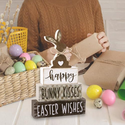 DIYDEC 4Pcs Easter Tabletop Decorations Bunny Wooden Block Signs Gift Rustic Tiered Tray Decor Happy Easter Centerpiece Farmhouse Wood Rabbit Table Sign for Kitchen Home Office Party Decor - style: Bunny