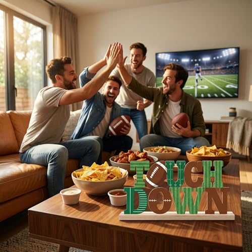 Touch Down Football Table Decorations Game Day Metal Table Sign with Wooden Base Football Sports Theme Tabletop Centerpieces for Man Boys Super Bowl Tiered Tray Decor Party Room Decor - style: Touch Down Football