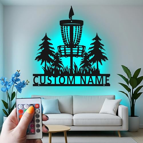 Custom Disc Golf Basket Led Light Metal Wall Art Personalized Gift for Disc Golfers Outdoor Sports Decor
