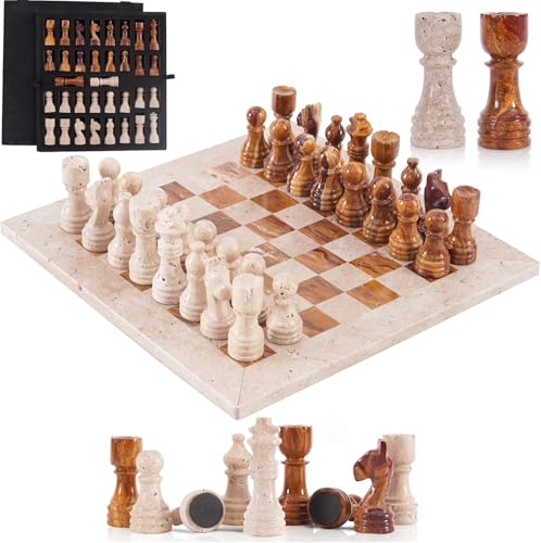 Marble Chess Set for Adults 12 Inch Handmade Travertine and Brown Chess Board Games with Storage Box, Travel Chess Game with 32 Chess Pieces & 2 Extra Queens, Gifts & Home Décor - color: Travertine and Brown