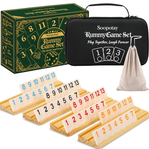 Soopotay Upgraded 2-4 Players Rummy Game, 106 Melamine Tiles, 4 Wooden Racks, Premium Portable Case, Drawstring Bags, Tile Board Games for Adults, Birthday Gifts for Men Women Dad Mom - style: 2-4 Players