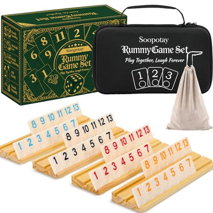 Soopotay Upgraded 2-4 Players Rummy Game, 106 Melamine Tiles, 4 Wooden Racks, Premium Portable Case, Drawstring Bags, Tile Board Games for Adults, Birthday Gifts for Men Women Dad Mom - style: 2-4 Players