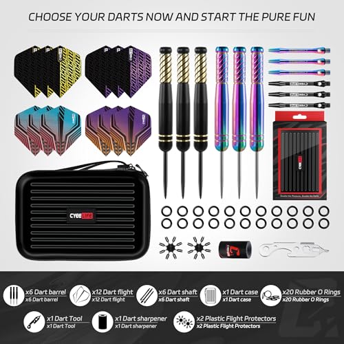 CyeeLife Pro Steel Tip Darts Set – 20g Brass Darts Gift Set with Dart Case | Includes 6 Aluminum Shafts, 12 Flights, 20 O-Rings, 2 Protectors, Sharpener & Tools for Beginners or Professionals