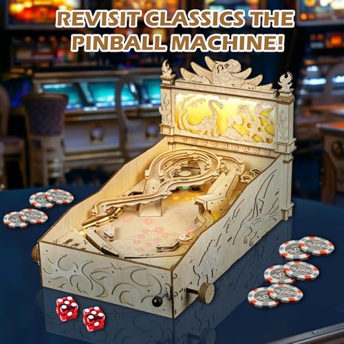 WodGod 3D Wooden Dinosaur Pinball Machine DIY Kit for Adults & Teens - Tabletop Arcade Game with LED Lights & Sound Effects, STEM Building Model, Creative Gift for Ages 14+