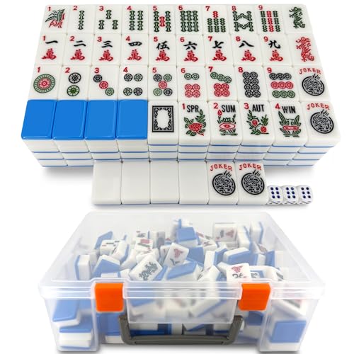 166 American Mahjong Tiles Only with Portable Carrying Storage Box & 3 Dice, 1.2" Mahjong Set for Party, Play with Friends Family (Blue) - color: Blue