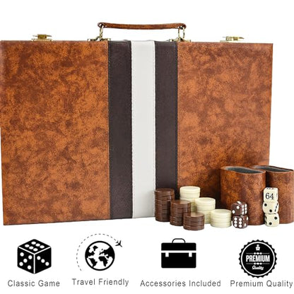 15 Inch Travel Backgammon Set for Adults, Classic Board Game with Premium PU Leather Case, Portable Strategy Backgammon Game Set, Brown - color: Brown