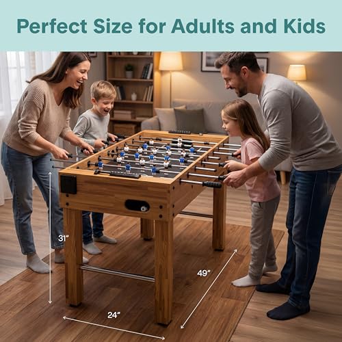 SereneLife 48in Foosball Table, Competition Size Soccer Game Table for Kids and Adults, Home Game Room Arcade Set, Leveling Legs, Engineered Wood, Chrome Steel Rods, 2 Balls, 2 Cup Holders - color: A) Natural