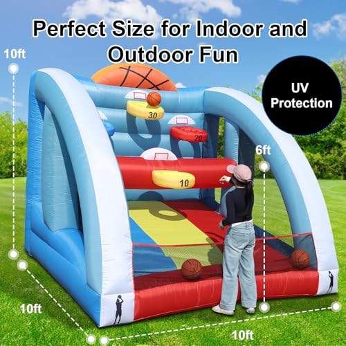 10FT Inflatable Basketball Hoop Game for Kids & Adults - 10x10x10 FT Heavy Duty Oxford Carnival Blow Up Party Zone with 5 Hoops, 4 Balls, Easy Setup Outdoor Backyard Lawn Sports Toy
