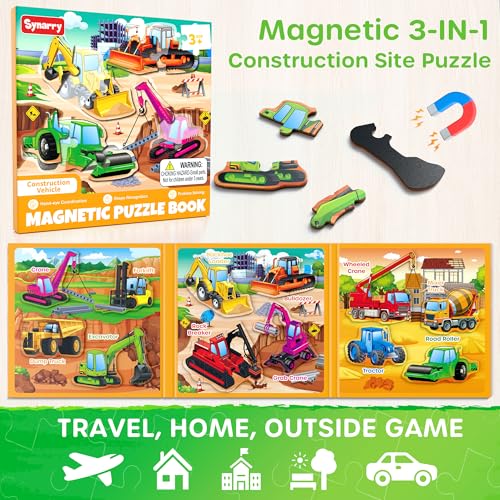 SYNARRY Magnetic Puzzles for Toddlers 3-5, Toddler Travel Toys Construction Toys Excavator Puzzles for Kids Age 3-5, Vehicle Puzzles for Kids Ages 4-6, Car Airplane Road Trip Activities Easter Gifts