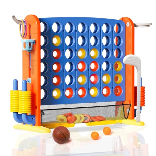 Wdmiya Giant 4 Outdoor Game Set, 4-in-1 Height Adjustable Jumbo 4-in-a-Row Game with Ring Toss, Basketball Hoop & Golf, Backyard Games for Kids & Adults, Includes Mesh Pocket (Upgrade Blue) - color: Upgrade Blue