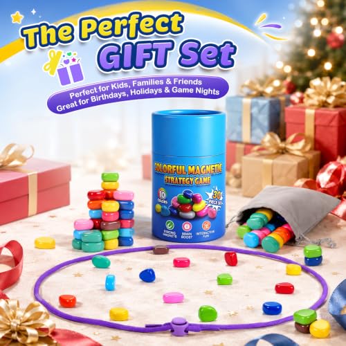 Magnet Game with String, 30 Colorful Magnetic Stones, Portable Magnetic Chess Strategy Set for 2-6 Players, Family Game Night, Travel, Camping, Party, Storage Bag and Instructions