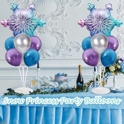 Snow Birthday Party Balloons Stand Kit 2 Sets With Snowflake Foil Balloons for Winter Wonderland Girl Princess Birthday Party Themed Decorations - Balloon Centerpiece for Tables - style: Snow