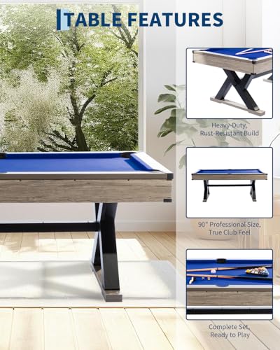 84" Billiard Table Set, Industrial 7FT Pool Table Includes 2 Cue Sticks, 16 Balls, 2 Chalk, Rack & Brush, K-Leg Design for Home, Basement, Office, Apartment, Game Room & Recreational Spaces, Red - color: Blue Cloth