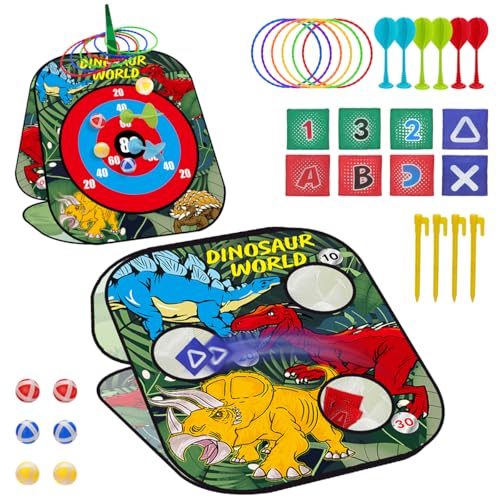 5-in-1 Bean Bag Toss Game for Kids Ages 3-8, Outdoor Cornhole Set with 3 Interchangeable Boards (Toss/Dart/Tic-Tac-Toe), Includes 8 Beanbags 6 Balls/Darts/Rings, Backyard Toys for Boys - style: Dinosaur