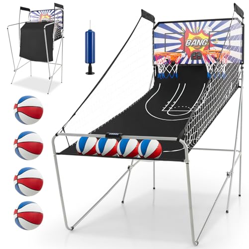 Goplus Foldable Dual Shot Basketball Arcade Game, Electronic Basketball Hoop w/LCD Scoreboard, 8 Game Modes, 4 Balls, Indoor Outdoor Basketball Game Machine for Adults (White+Navy) - color: White+navy
