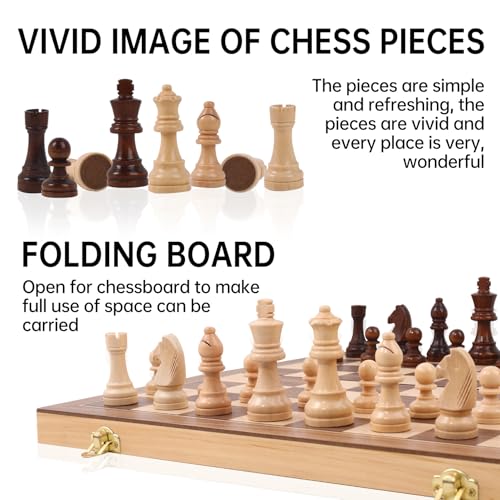 Ajedrez Magnetic Wooden Chess Set with Staunton Pieces, 15" Solid Wood Folding Chess Board with 2 Extra Queens, Internal Storage Slots for Adults Kids, Gift Box - color: Natural Wood Color