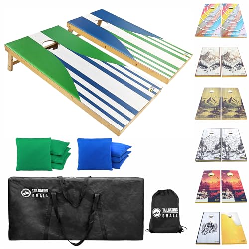 Cornhole Board Set 4FTx2FT Solid Wood Regulation Size Cornhole Set Includes 8 Cornhole Bags for Adults - color: Green&Blue Strip
