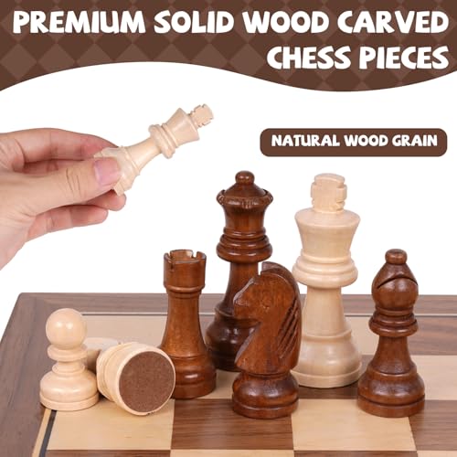 15 Inch Magnetic Wooden Chess Set with Storage, Folding Chess Board Game with Strong Magnets, Tournament Size 3 Inch King, 2 Extra Queens, Portable Travel Chess Set for Adults & Kids