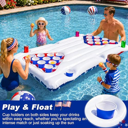 2 in 1 Patriotic Pool Float & Pong Toss Games Table with 8 Balls, 4th of July Pool Toys Game for Adults Kids Family, 6Ft x 3Ft Inflatable Floats Lounge Raft for USA 250th Anniversary (No Include Cup)