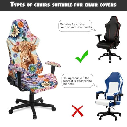 Highland Cattle Print Gaming Chair Covers Slipcovers with Armrest Covers Boho Mandala Flower Print Office Desk Chair Cover Scratch Proof Anti-Dust Universal Fit - color: Multi - Highland Cattle Boho Mandala Flower