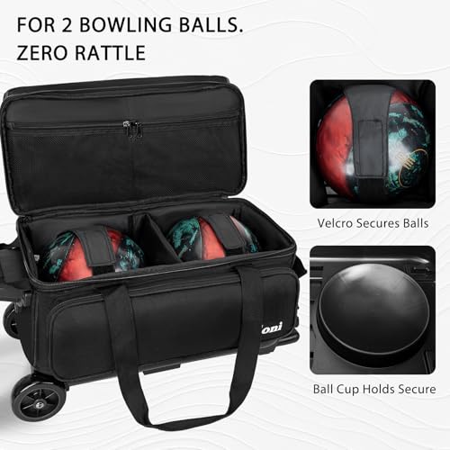Goloni Double Roller 2 Ball Bowling Bag with Separate Shoe Compartment,2 Ball Bowling Bag with Wheels,Retractable Handle Extends to 40" - color: Black